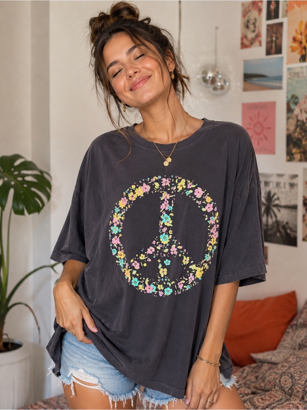 Zutter Floral Peace Sign Oversized Graphic Tee M/L Charcoal Boho Hippie NWOT